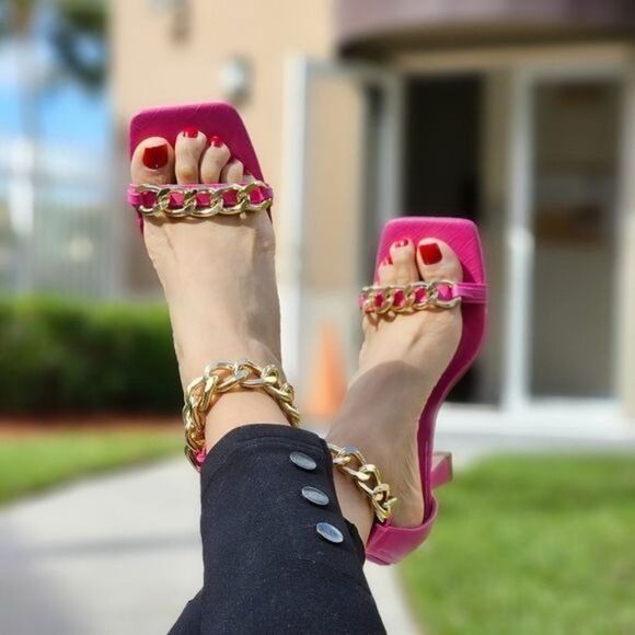 Womens Fuchsia Ankle Strap Heels Chains Stiletto Sandals - Picture 5 of 6